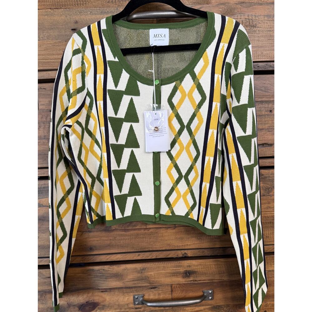 Misa Los Angeles Sweater Crop Cardigan Women's Green Geometric Knit Button